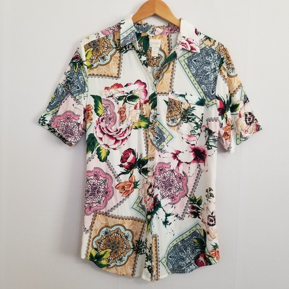 Chico's Tops - Chico's Multicolor Floral Peonies Garden Graphic Blouse Size 1 Medium